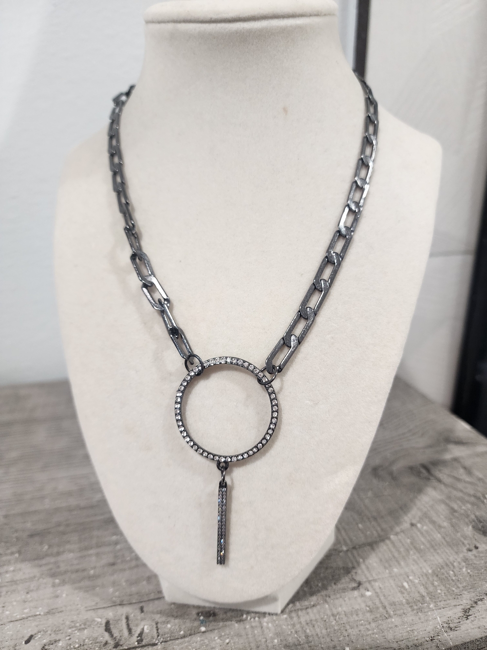 Gunmetal Circle Pendant Necklace with Crystals  Alexa Rae